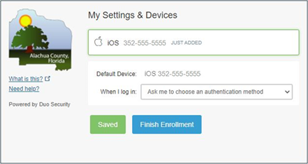 Figure 14. Screenshot of dialog box asking user to click Finish Enrollment after verifying settings and devices