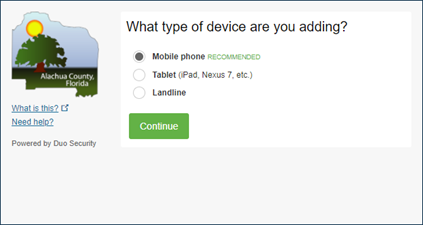 Figure 2. Screenshot of dialog box asking user the question of what type of device are you adding?