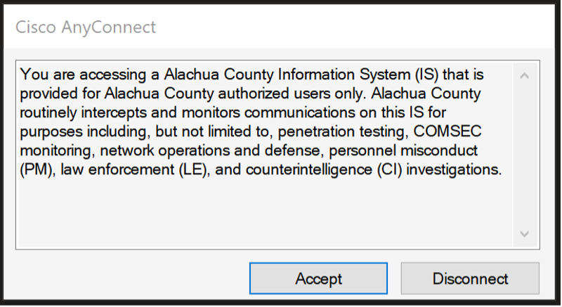 Screenshot of a Cisco AnyConnect Read and Accept Dialog Box 