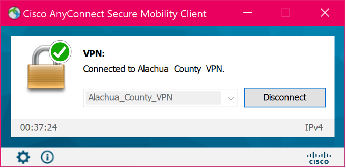 Screenshot of a Cisco AnyConnect showing user where to press disconnect when wanting to disconnect from the VPN 
