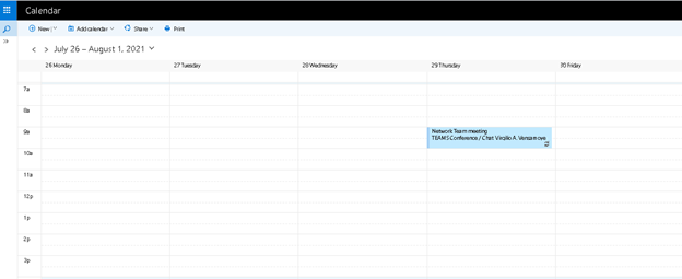Screenshot of Outlook Webmail Showing what Calendar looks like