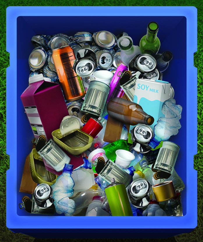 Blue Recycling bin filled with metal, glass and plastic containers.
