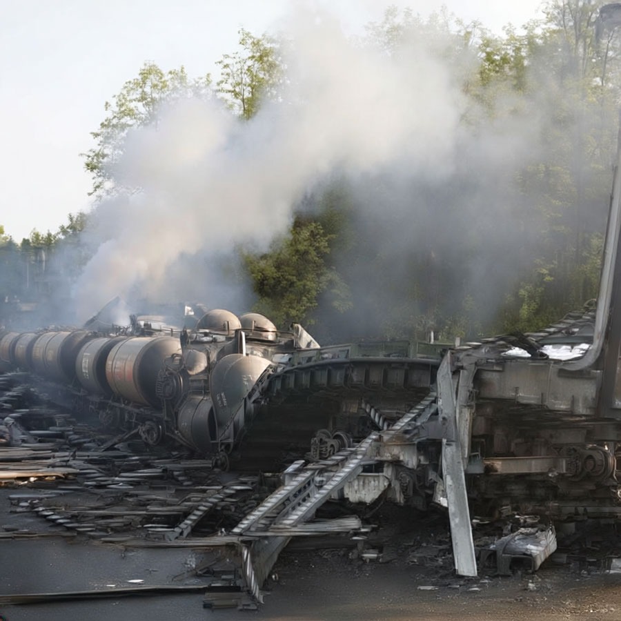 Derailment of tanker railcars on damaged tracks with smoke rising from the wreckage near a wooded area.