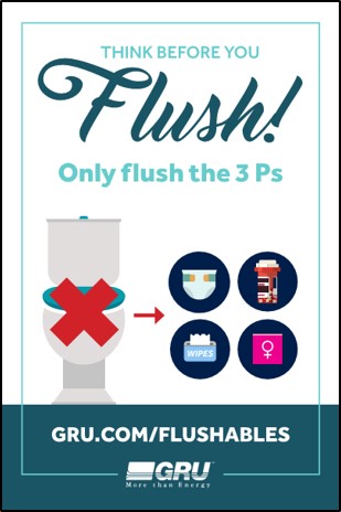 Think before you Flush! Only flush the three Ps. gru.com/flushables